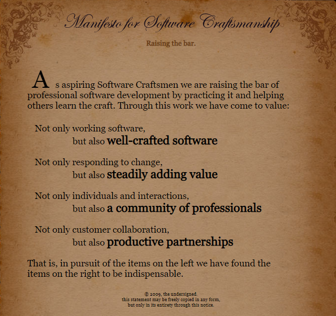 Software craftsmanship manifesto