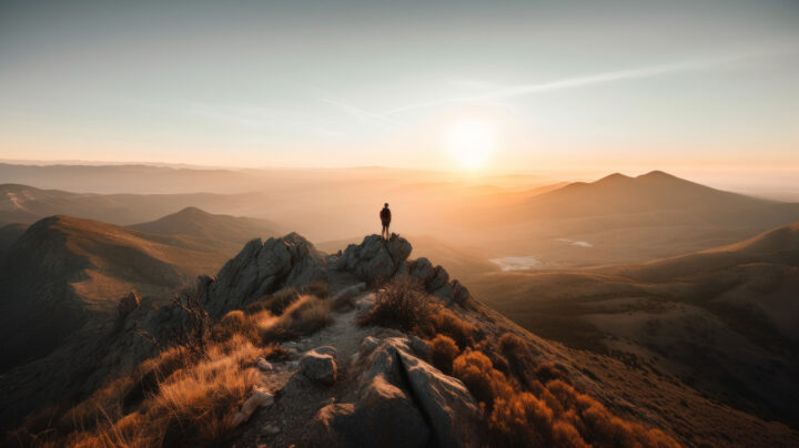 Kuva henkilöstä seisomassa vuorella.