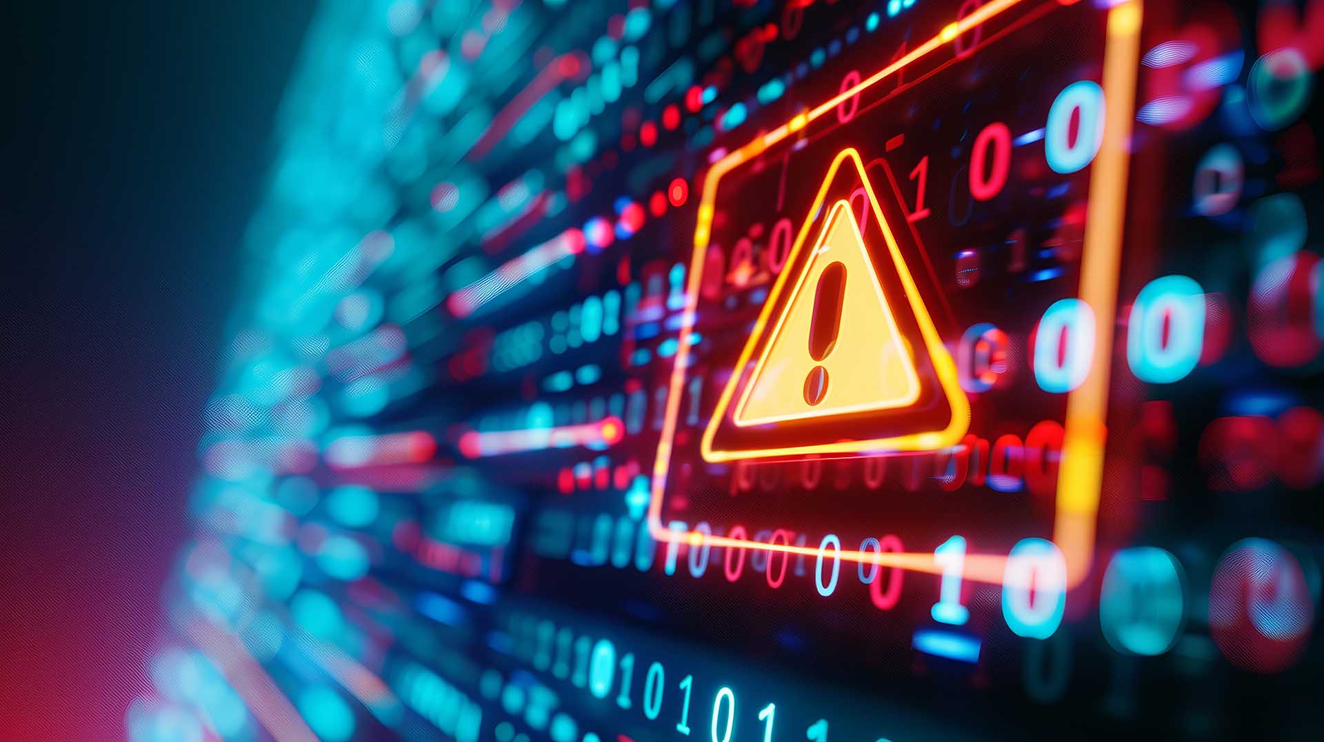 Abstrakti kuvituskuva rikkoutuneesta datasta ja varoitusmerkistä. Tämä symboloi teknisen velan seurauksia.